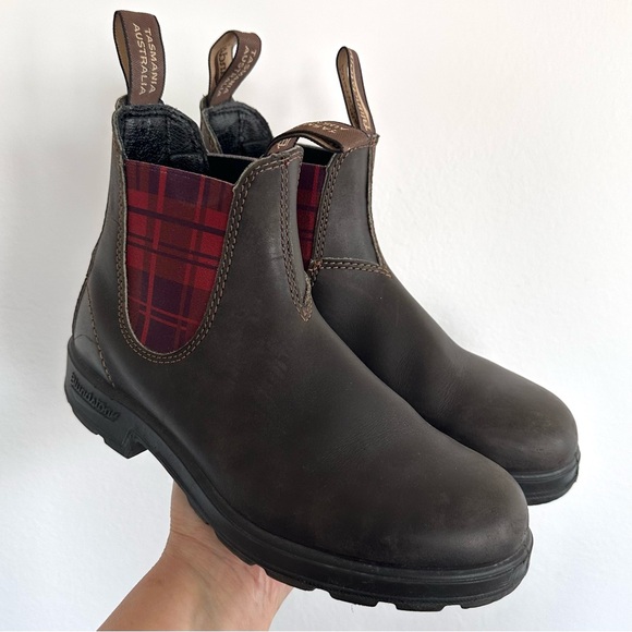 Blundstone Brown Leather Ankle Boots with red plaid gore Unisex size 7.5 - Picture 1 of 11